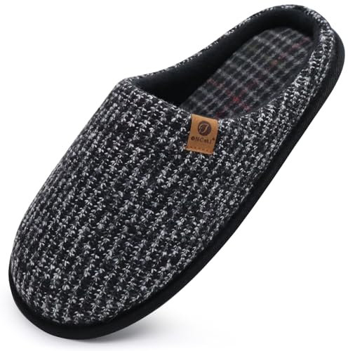 ONCAI Mens Slippers Black Knit Stripes Memory Foam Mule Slippers Slip On Warm House Indoor/Outdoor Shoes With Anti-skid Sole Size 11