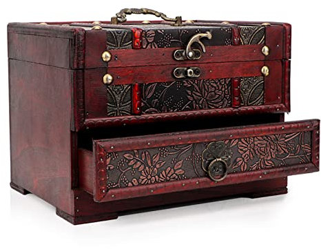 Boîte à Bijoux en Bois, boîte de rangement en bois, boite a bijoux femme,boite bijoux,Boite Rangement Vintage Organisateur de Bijoux Coffret à Bijoux avec Tiroirs et Miroir pour Bague, Collier,Montre