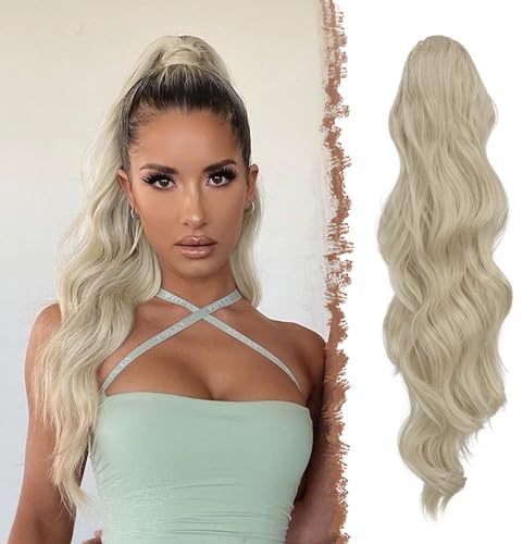 FESHFEN Extension Coda Capelli Lunga Posticci per Capelli Ondulati Ricci Coda Cavallo Capelli Extensions Finta per Donne, Biondo Cenere 60 cm