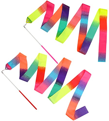 Abeillo 2pcs Rhythmic Dance Ribbons, 78.7 Inch Gymnastics Ribbon Dancer Wand Dancing Ribbon Streamers for Kids, Fits Artistic Dancing Gymnastics, Circus Carnival Shows, Baton Stick Twirling (Rainbow)