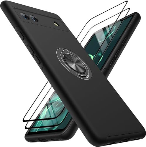 KOVASIA Für Google Pixel 6A Hülle, Handyhülle Google Pixel 6A 5G mit 360°Magnetischer Drehbarer Ständer, Shock Absorption Schutzhülle, 2 Stück Schutzfolie Fingerabdruck Resistent(Schwarz)