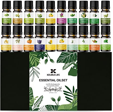 Essential Oils Gift Set for Diffuser Aromatherapy, 20 * 10 ml, 100% Organic Fragrance Oil Kit for Humidifier, Skin Care, Candle Making, Peppermint, Lavender, Eucalyptus, Jasmine, Ylang Ylang & More