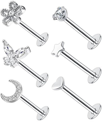 Besyvvin 6er Lippenpiercing Labret Stecker 1,2mm Chirurgenstahl Piercing Lippe Helix Tragus Knorpel Steckers 10mm Silber Gold