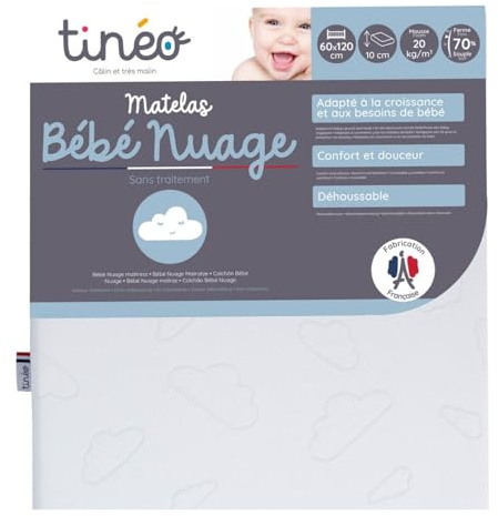 Tinéo - Babymadrass 60 x 120 x 10 cm - lämplig för barnets tillväxt och behov - fast - densitet 20 kg/m³ - polyester - avtagbart överdrag - tillverkad i Frankrike