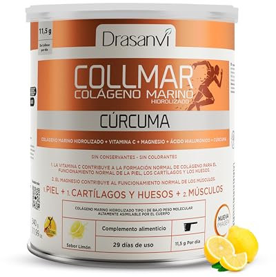 DRASANVI COLLMAR COLAGENO MARINO HIDROLIZADO + Curcuma con Magnesio, Vitamina C, Ácido Hialurónico |Articulaciones y musculos| |Máx. asimilación 9.535 mg/día | 340g de polvo | Collagen Sabor Limón