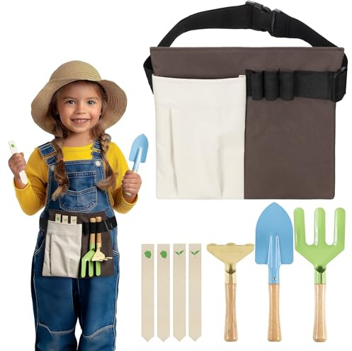Navaris Kit Outils Jardinage Enfant - Kit Jardinier Enfant 3 Ans et Plus avec 1x Sac Ceinture 1x Pelle 1x Fourche 1x Râteau 4X Bâton en Bois - Accessoire Outil Jardin en Bois