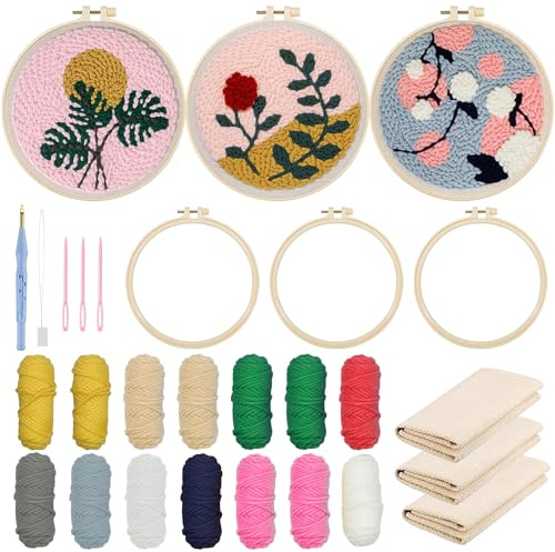 Allazone 3 stycken punch nål nybörjare broderiset, punch nål broderi broderi startkit med blommor och växter mönster, gör-det-själv stansnålsats med broderiram, stansnål, nät, trådar