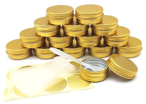 Wopanxye 15 stycken 15 g guld runda metallburkar i resestorlek, 15 ml aluminiumburkar med skruvlock för smink kosmetika prover, naglar, läppglans balsam, salva, kryddor, godis, ljus, te