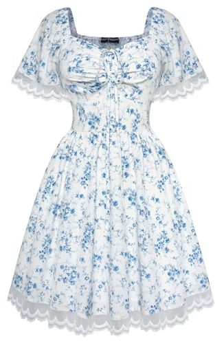 SCARLET DARKNESS Women's Renaissance Corset Dress Retro Square Neck Country Dress White Blue Floral M