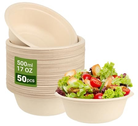 KITDAHOM 50 Cuencos Desechables - Vajilla Desechable, 500 ml / 17 oz, Fabricados con Pulpa de Caña y Paja de Trigo, Un Solo Uso y Biodegradables, Resistentes al Frío y al Calor