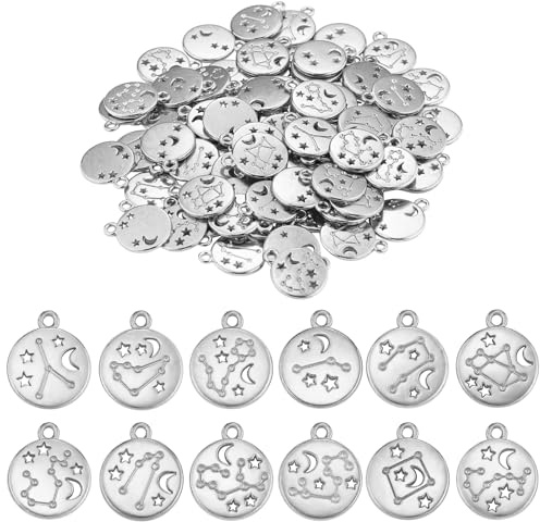 LEGENTLISUR 84 Stück 12 Sternzeichen Anhänger Flach Rund Silberlegierung Anhänger Charms Zur Schmuckherstellung Armbänder Halsketten DIY Astrologische Anhänger
