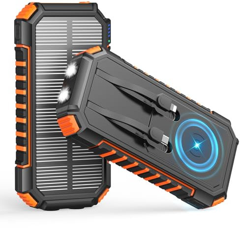 Fandealo Cargador Solar Power Bank 27000mAh - 22,5W Batería Externa Inalámbrica con 2 Cables Integrado y Linterna LED, PD QC 3.0 USB-C Carga Rápida Cargador Portátil para Teléfono Tabletas