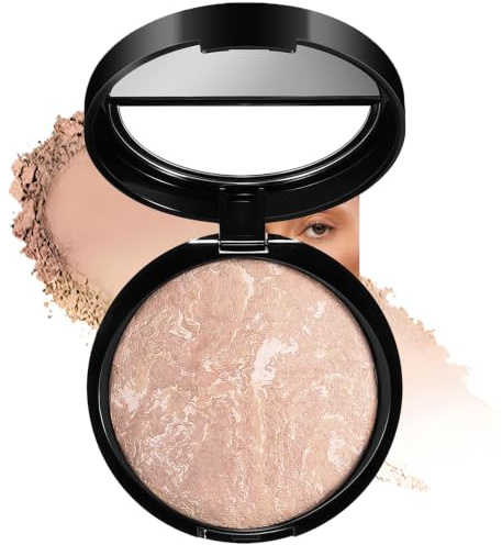Pressed Face Powder, Marbled Light Beige Compact With Mirror, 1 Count | Softly Radiant Finish, Pink And Champagne Design, Hinged Case, For Home Make-Up And Daytime Make-Up Bag Touch-Ups