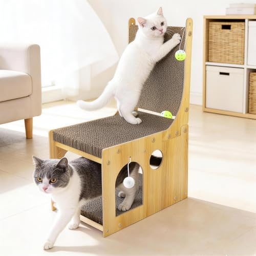 Kratzbrett Katzen, 65cm Doppelschicht L förmige Kratzpappe für Katzen mit 5 Ballspielzeuge, Multifunktionales Katzenhaus zum Kratzen Verstecken und Spielen, 2 in 1 Katzenkratzbrett für Wand und Ecke