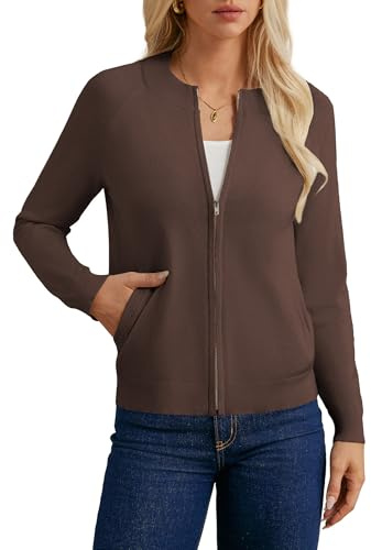 GRACE KARIN Women's Cardigan Zip Up Casual Knited Jacket Lightweight Sweater with Pockets Coffee Brown