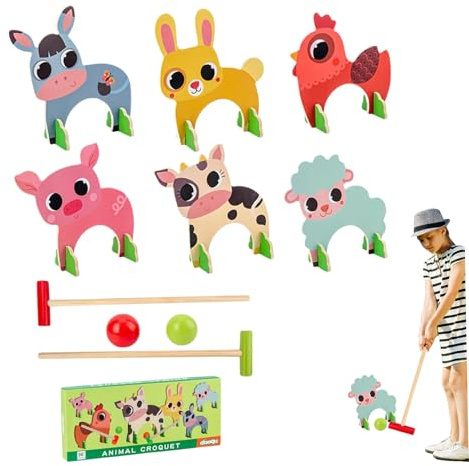 Peosaard Ensembles de Croquet pour Les familles, Ensembles de Croquet pour Enfants, Ensemble d'animaux Dessin animé en Bois avec poignées, guichets et balles, Jouets Sport interactifs et Lisses pour