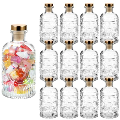 MegoSage 12 Pack Small Glass Bottles with Cork, 6.7oz/200ml Small Apothecary Jars, Clear Square-Round Mini Bottles for Beverages, Crafts, Wedding Favors & DIY Home Decor