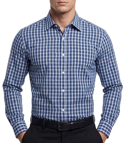 Cotton King Mens Long Sleeve Button Down Shirts Plaid Cotton Dress Shirt Wrinkle & Stain Resistant Work Casual Shirts for Men