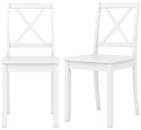 COSTWAY Dining Chairs Set of 2, Wooden Kitchen Chairs with Curved Cross Back Backrest & Rubber Wood Legs, Farmhouse Diner Side Accent Chairs for Dining Room, Living Room Restaurant (White)