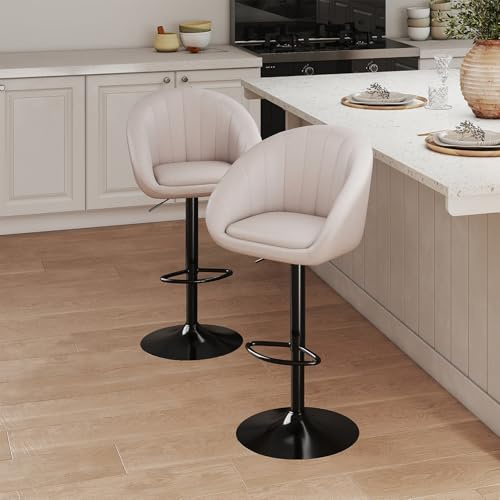 Youhauchair Barstol set med 2, höjdjusterbara barstolar, svängbar pall, andningsbart och smutsavvisande linnetyg, med ryggstöd och fotstöd, beige