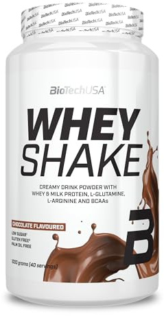 BioTechUSA Whey Shake | Krämigt vassleprotein med fyllig smak | Tillsatta BCAA och aminosyror | Hög fiberhalt | Glutenfri | Krämig konsistens | 1000 g, Choklad