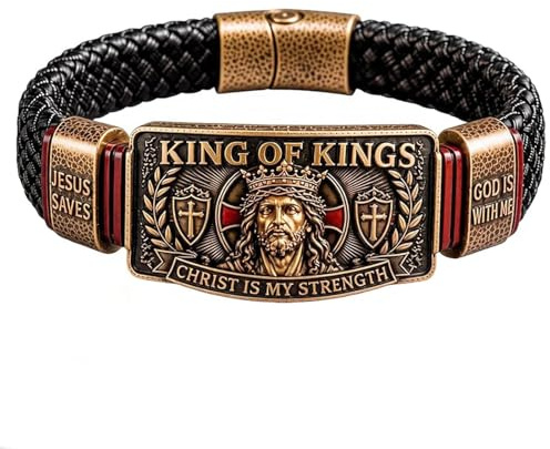 Genérico Pulsera de Fe Rey de Reyes, Brazalete Cristiano de Metal Ajustable, Pulsera Inspiradora Cristo es mi Fuerza, Recuerdo Religioso para Esposo, Padre o Pastor (1pc)