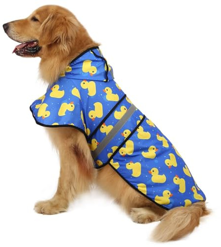 HDE Dog Raincoat Jacket Reflective Adjustable Hooded Pet Poncho Rain Coat with Leash Hole for Small to X-Large Dogs Rubber Ducks - L