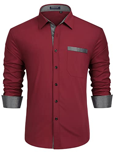 Enlision Camicia Bordeaux Uomo Elegante Manica Lunga Regular Fit Camicia Matrimonio Casual Camicie Classiche da Cerimonia Business con Tasca XL