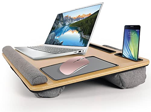 Wehouseware® Vassoio per computer da tavolo, supporto portatile, con cuscino, tappetino per mouse e cuscinetto da polso incorporati per laptop, supporto per tablet, matite e cellulari