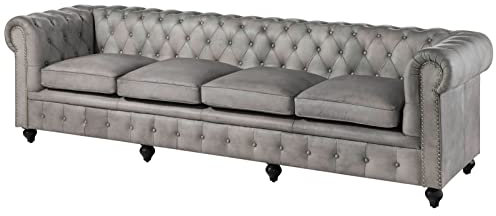 MASSIVMOEBEL24.DE | Chesterfield Sofa 4-Sitzer aus Echtleder #204 | aus echtem Büffel-Leder - Grau | 274x82x75 cm | mit Nieten | Couch Polstercouch 4er Sitzer