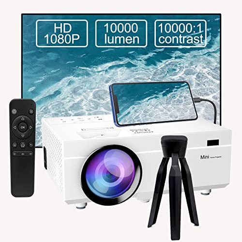 Videoproiettore 10000Lumens Ultimo aggiornamento, proiettore portatile supportato 1080P Full HD, mini proiettore cinematografico compatibile con T-V Stick Smartphone HDMI USB AV Bianco