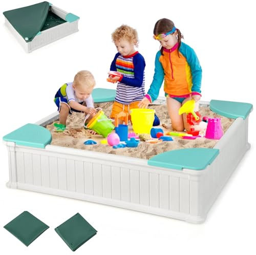 HONEY JOY 12.5 Kids Sandbox with Cover, 48 x 48 Inch Large HDPE Pit for Backyard, 4 Corner Seats & Bottom Liner, Sand Protection, All Weather Resistant Sand Boxes for Kids Outdoor (White)