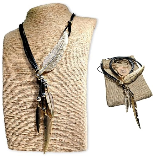WORLD GOBLINS Collar Estilo Bohemio para Mujer con Patrón de Hoja y Pluma. Joyería Fina. Collares llamativos | Colgante Étnico Hecho a Mano en España. Regalo Original (CUERO NEGRO)