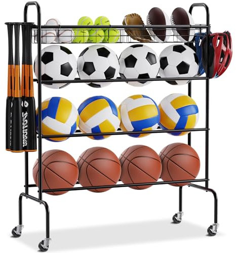 VEVOR Basketballständer, 4-lagiger rollender Basketball-Schieß-Trainingsständer, Aufbewahrungsorganisator für Sportgeräte mit Rädern, Haken und Körben, Garagenball-Aufbewahrungshalter für Fußball, Fuß