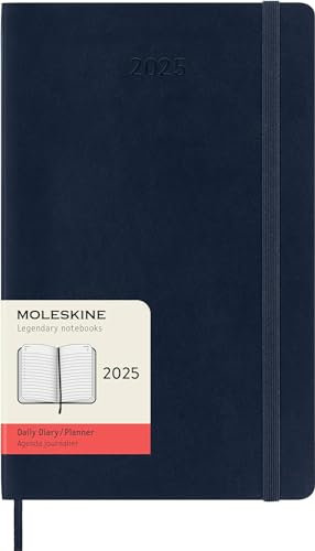 Moleskine Daily Planner, 12 Monate Tagesplaner 2025, Weicher Einband und Elastischer Verschluss, Farbe SaphirBlau, Großes Format 13x21 cm