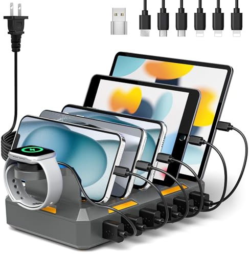 Honcila - Estación de carga para múltiples dispositivos, estación de carga múltiple de 50 W para iPhone, iPad, teléfono celular, tablet y más, estación de carga múltiple de 6 puertos con 6 cables