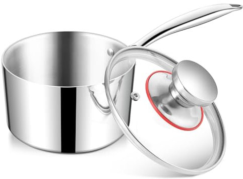 HaWare Saucepan, 14cm Tri-Ply Stainless Steel Milk Pan with Lid, 1.4L Small Cooking Induction Saucepan Pot for Spaghetti/Soup/Butter, Suit for All Kitchen Stove Top, Healthy & Heavy Duty-1QT