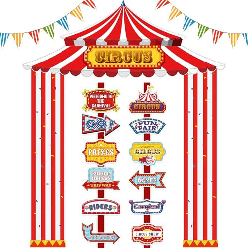 Tlswshsy 17PCS Circus Tent Decorations Set, Circus Door Banner with Awning and Directional Signs, Red and White Circus Welcome Supplies for Circus Theme Party Birthday Home Decor