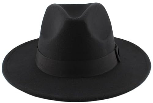 Upstore Fedora-Hut mit breiter Krempe für Damen und Herren, klassischer Panamahut, Filzhut mit Band, Schwarz, Schwarz , 41