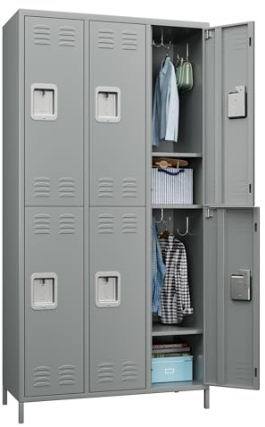 SUPEER Casier Métallique Verrouillable 6 Compartiments avec Ventilation | Armoire de Rangement Sécurisée pour Entreprises, Écoles, Salles de Sport et Bureaux - Gris Clair