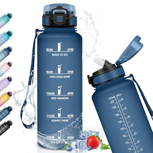 Botella Agua, Botella 1,5 Litros, Botella Agua Gimnasio con Pajita, Marca de Tiempo, Botella Agua Motivacional, Botella Plastico, a Prueba de Fugas, Botella de Agua, Termo para Gimnasio, Bicicleta