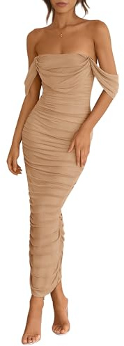 PRETTYGARDEN Womens 2026 Summer Off The Shoulder Dress Ruched Bodycon Sleeveless Split Cocktail Party Maxi Dresses (Khaki,Medium)