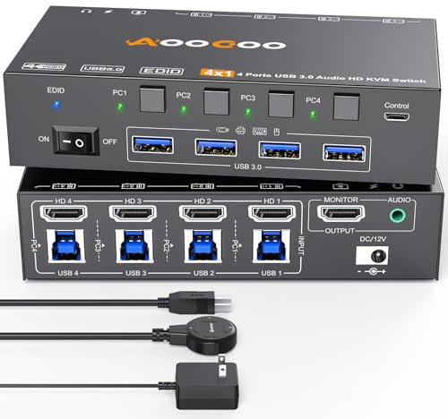 Switch KVM HDMI 8K@60Hz/4K@144Hz, HDMI KVM Switch per 4 computer che condividono 1 monitor e 4 dispositivi USB 3.0, supporta EDID, telecomando via cavo e cavo USB inclusi