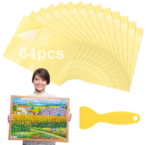 64 Blätter Puzzlekleber Puzzle Kleber Transparent Zweiseitig mit Spaten Geeignet für 8 x 1000 Puzzles Fotos Postkarten (25×18 cm)