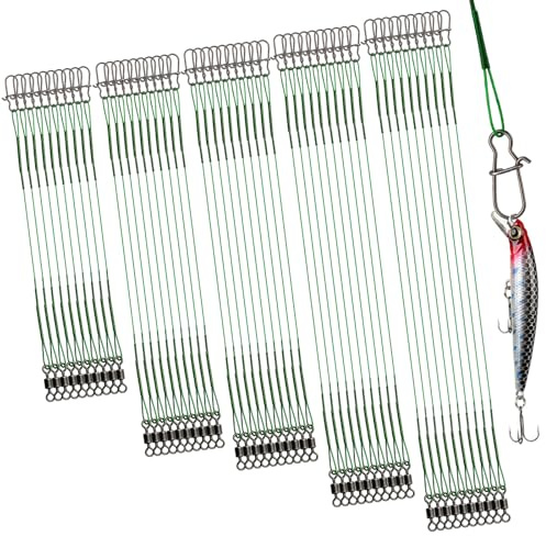 DONQL 50pcs Stainless Steel Wire Traces Pike Fishing, 5 Size 10/15/20/25/30 cm Anti-Bite Fishing Wire Trace Leaders with Rolling Swivels and Snaps for Bait Rigs Saltwater Freshwater (Green)