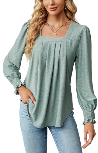 Atxnn Camiseta Mujer Blusa Manga Larga Tops Cuello Cuadrado Camisas Elegante Casual Sólido Color Primavera Otoño