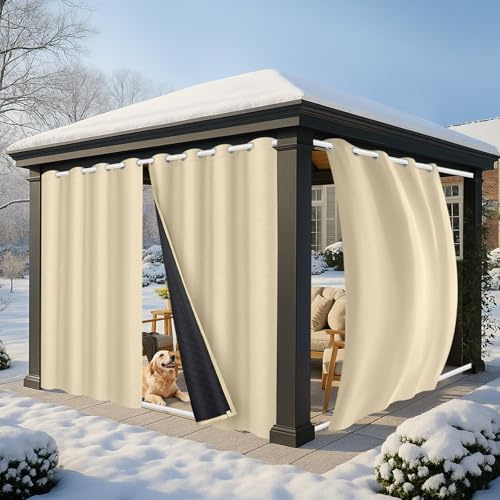PLODAXE 2er Set Dicke Thermovorhang Kälteschutz Outdoor Vorhang Wetterfest mit ösen, Thermo Vorhang Gegen Kälte Outdoorvorhänge, Wärmeschutzvorhang für Terrasse Garten Balkon(H244 x B132 cm, Beige)