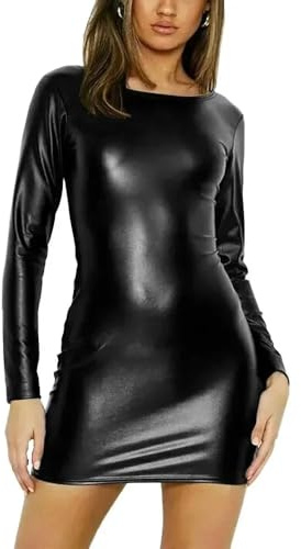 ERFSQIYALHJ Mini Robe Moulante Brillante métallique serrée Femme Robe Courte Sexy Robes Fourreau en Vinyle de fête