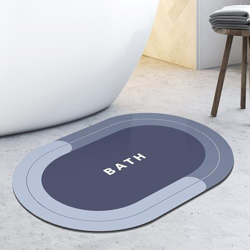 halkfri badmatta av mjuk sten, absorberande badrumsmatta för badrum, dusch, WC 40 x 60 cm, tvättbar snabbtorkande badrumsmatta duschmatta (blå (oval))