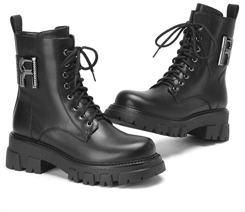 ElegaStep Womens Combat Boots for Women Black Ankle Booties Fashion Buckle Motorcycle Goth Chunky Heel US 7.5